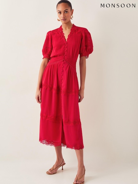 Monsoon Red Kiana Pintuck Puff-Sleeve Midi Dress (F83251) | £160