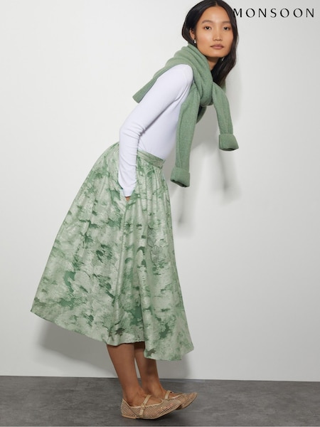 Monsoon Green Josie Floral Print Jacquard Midi Skirt (F83262) | £90