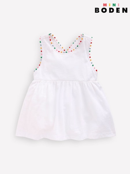 Boden White Frill Sleeve Pom 100% Cotton Dress (F83334) | £17 - £19