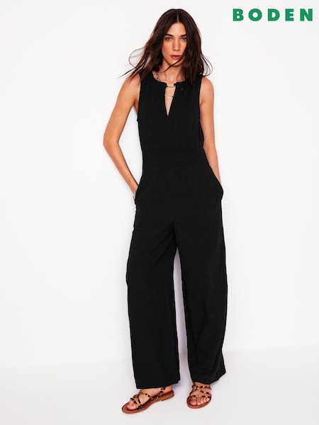 Boden Black 100% Cotton Smocked Double Cloth Jumpsuit (F83411) | £116