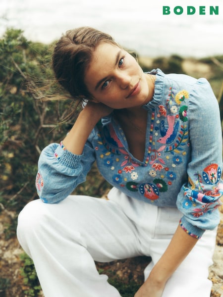 Boden Blue Grace Linen Top (F83439) | £136
