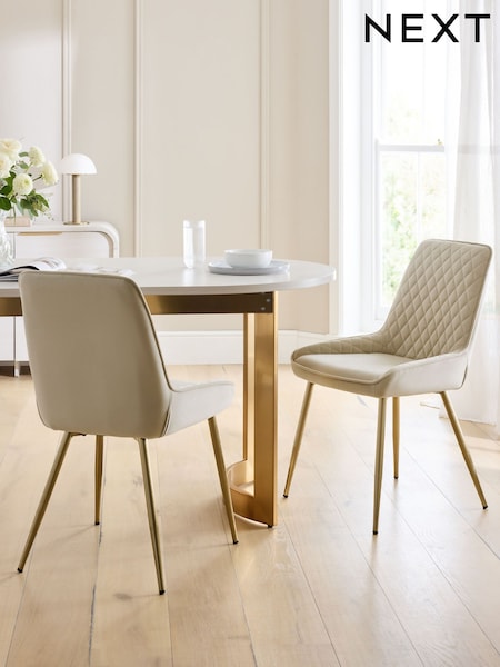 Set of 2 Soft Velvet Pebble Hamilton Gold Effect Leg Quilted Dining Chairs (F83563) | £290
