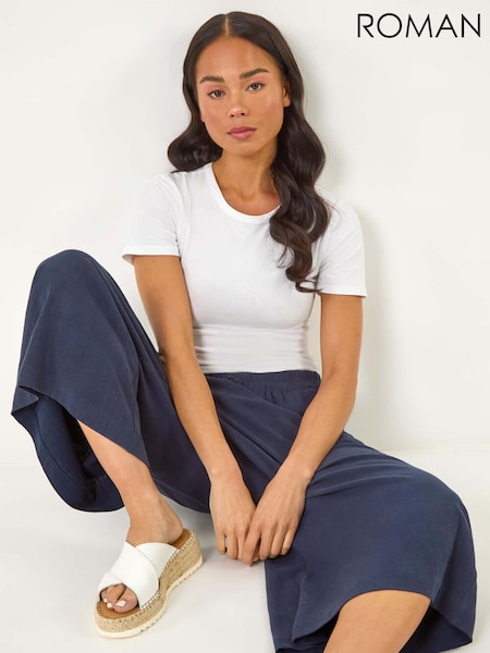 Roman Blue Petite Elasticated Waist Linen Culottes (F83674) | £36