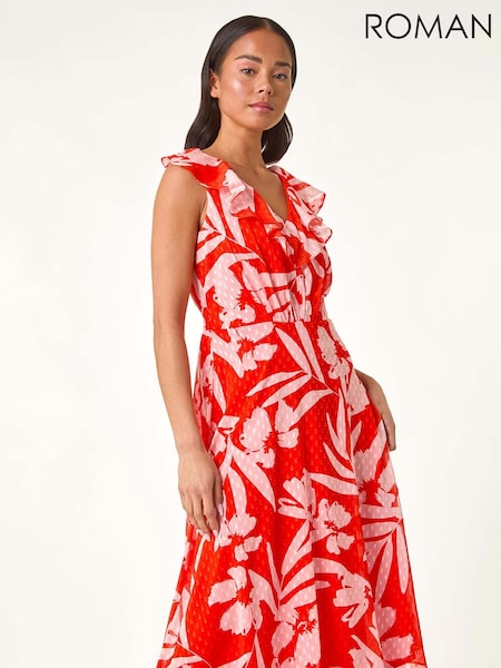 Roman Red Petite Floral Frill Front Dress (F83685) | £65