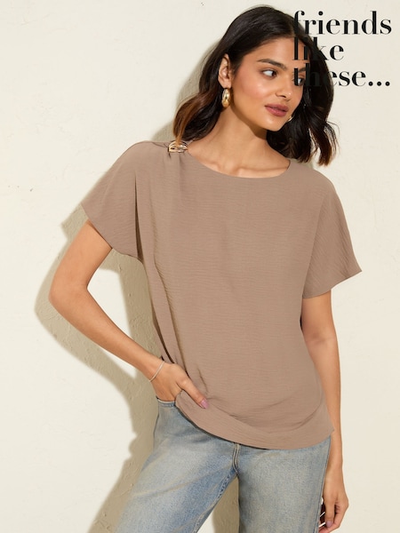 Friends Like These Mocha Short Sleeve Blouse With Gold Detail (F83700) | £30