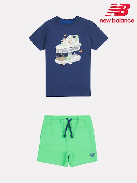New Balance Blue Kids Fitness Centre Illustrated 100% Cotton T-Shirt & FT Shorts Set (F84245) | £35