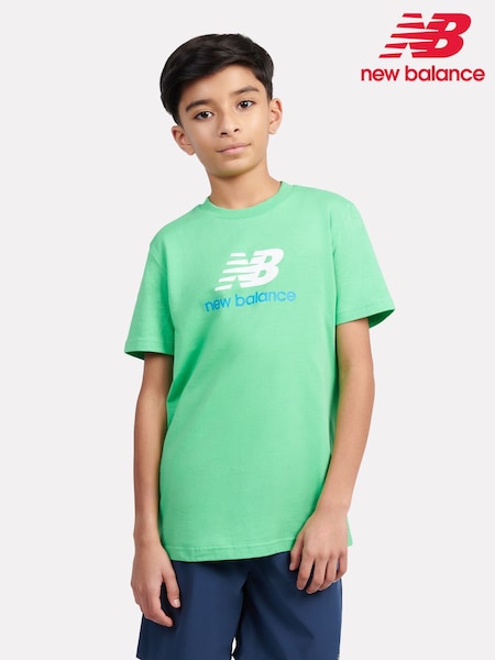 New Balance Green Dark Kids Jersey Stacked 100% Cotton Logo T-Shirt (F84260) | £18 - £22