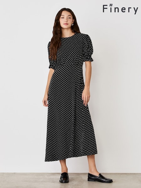 Finery Black Mela Polka Dot Crepe Midi Dress (F84275) | £49