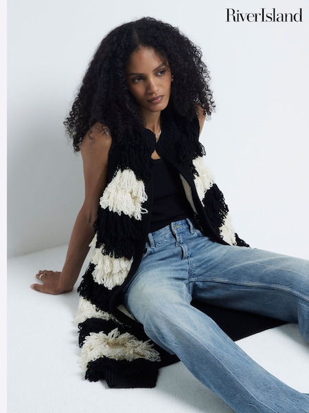 River Island Black Stripe Sleeveless Fringe Cardigan (F84298) | £60