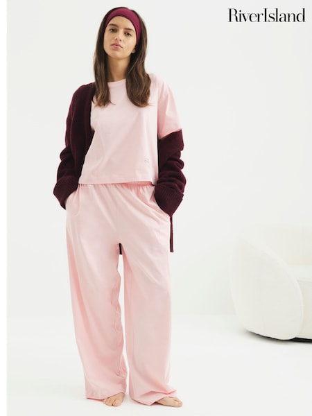River Island Pink Short Sleeve 100% Cotton T-Shirt and Joggers Set (F84303) | £26
