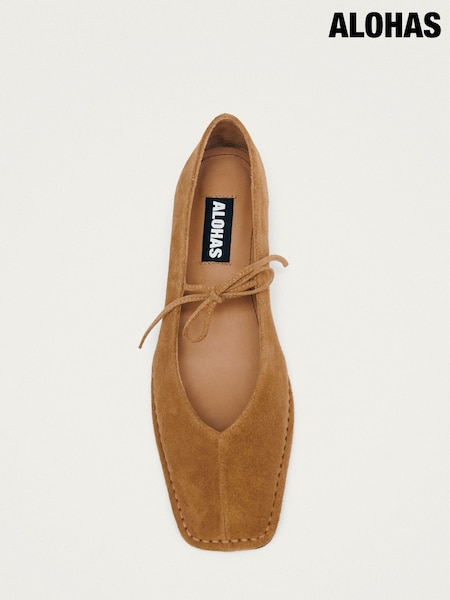 Alohas Tan Brown Sway Suede Square Toe Ballet Flats (F84505) | £190