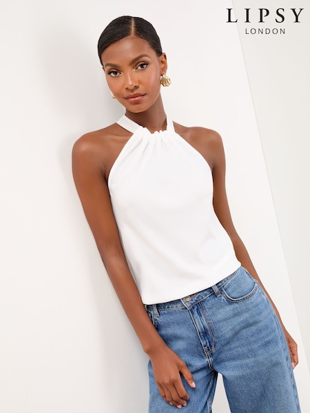 Lipsy White Satin Chiffon Mix Halter Neck Vest (F84509) | £34