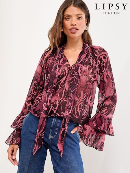 Lipsy Pink Floral Print Tie Neck Top (F84527) | £45
