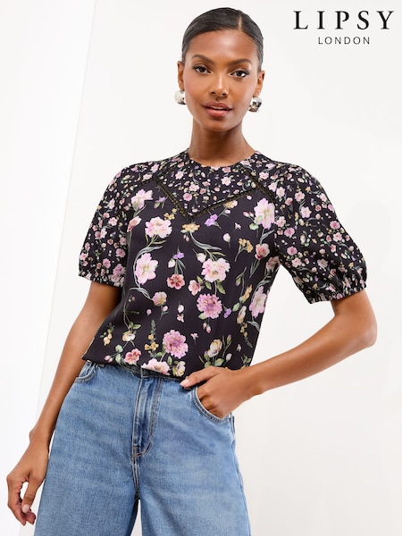 Lipsy Black Trim Insert Printed Short Sleeve Top (F84530) | £32