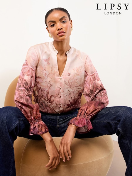 Lipsy Pink Scenic Print Button Through Pie Crust Blouse (F84567) | £45