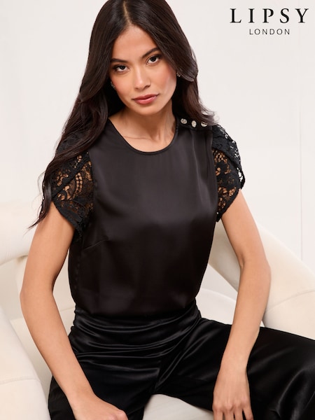 Lipsy Black Satin Lace Tulip Sleeve Top (F84582) | £34