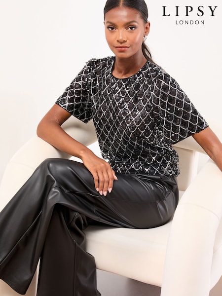 Lipsy Black Scallop Sequin Short Sleeve T-Shirt (F84591) | £42