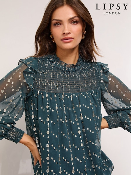 Lipsy Green Gold Sparkle Smock Top (F84598) | £45