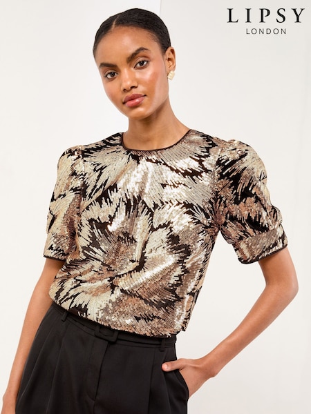 Lipsy Black Velvet Gold Sequin Print Puff Sleeve T-Shirt (F84625) | £45