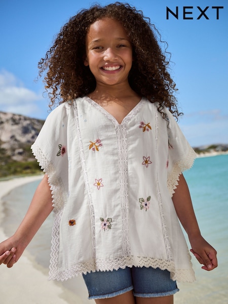 White Embroidered 100% Cotton Kaftan (3-16yrs) (F84728) | £20 - £26