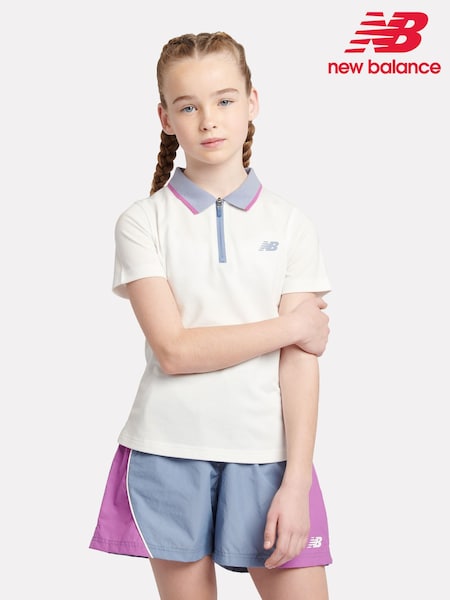 New Balance White Kids Tennis 100% Cotton Polo Shirt (F84828) | £35 - £42