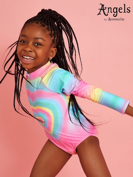 Angels By Accessorize Pink Girls Heart Long Sleeve Swimsuit (F84849) | £20 - £21