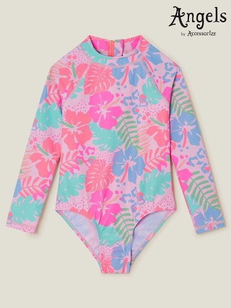 Angels By Accessorize Orange Girls Tropical Long Sleeve Swimsuit (F84854) | £20 - £21