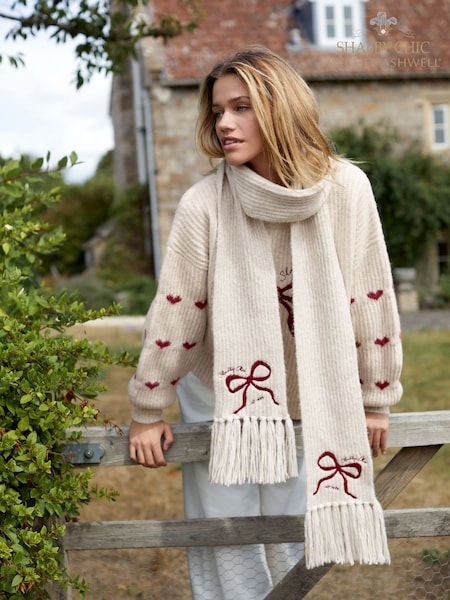 Shabby Chic by Rachel Ashwell® Cream Knitted Bow Embroidered Scarf (F85139) | £40
