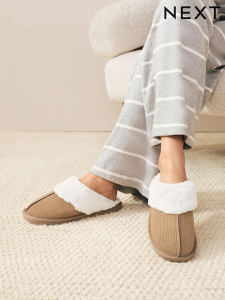Mocha Brown Suede Mule Faux Fur Slippers (F85142) | £24