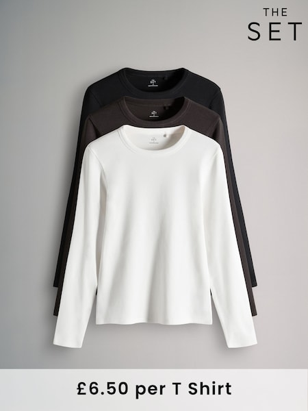The Set Black/Chocolate/Cream 3 Pack Long Sleeve Ribbed T-Shirts (F85171) | £19.50