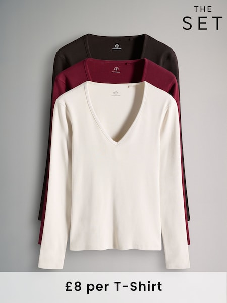 The Set Chocolate Brown/Dark Red/Warm Stone 3 Pack Ribbed Long Sleeve V-Neck T-Shirts (F85176) | £24