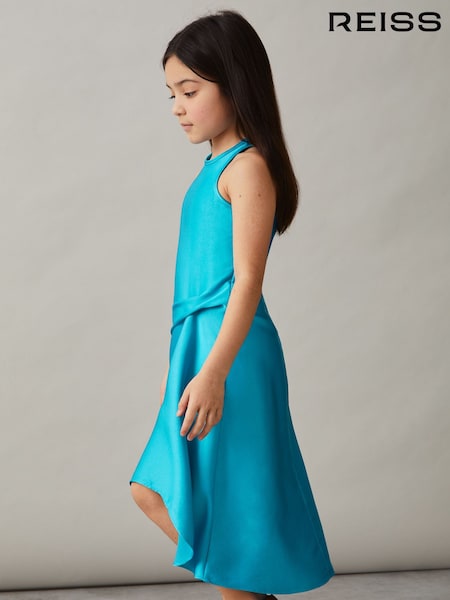 Reiss Blue Micah Satin Drape Tuck Midi Dress (F85185) | £60