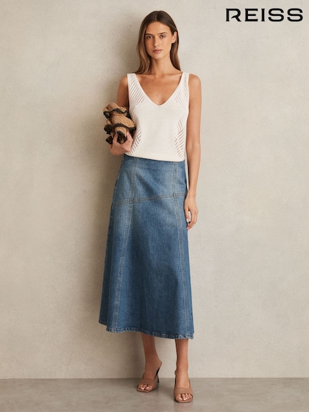 Reiss Indigo Fee Denim Panelled Midi Skirt (F85186) | £148