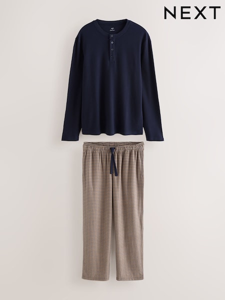 Navy Blue/Neutral Motionflex Cosy Long Sleeve Pyjamas Set (F85412) | £30