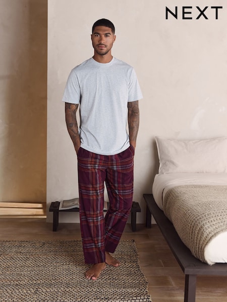 Grey/Burgundy Red Check Motionflex Cosy Short Sleeve Pyjamas Set (F85422) | £30