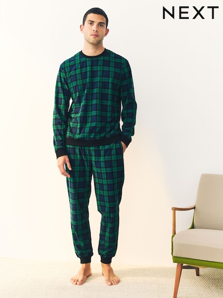 Green/Blue Check Motionflex Cosy Long Sleeve Cuffed Pyjamas Set (F85427) | £32