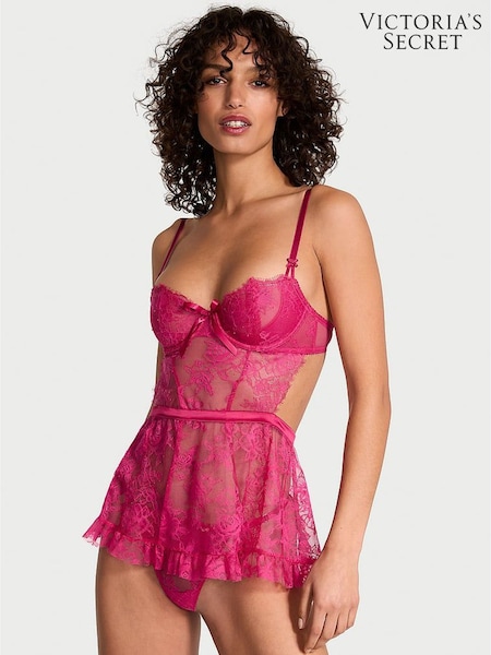 Victoria's Secret Cherry Blossom Pink Lace Unlined Balcony Babydoll Set (F85481) | £75