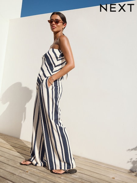 Navy Wide Leg Trousers With Linen (F85514) | £32