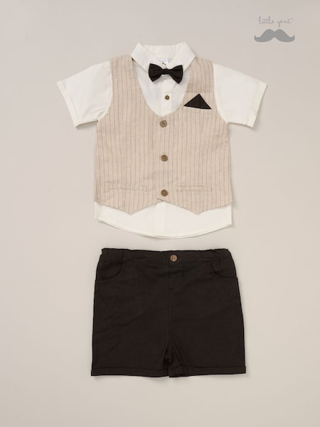 Little Gent 100% Cotton Brown Shirt with Mock Waistcoat Shorts and Bowtie Outfit Set (F85716) | £30