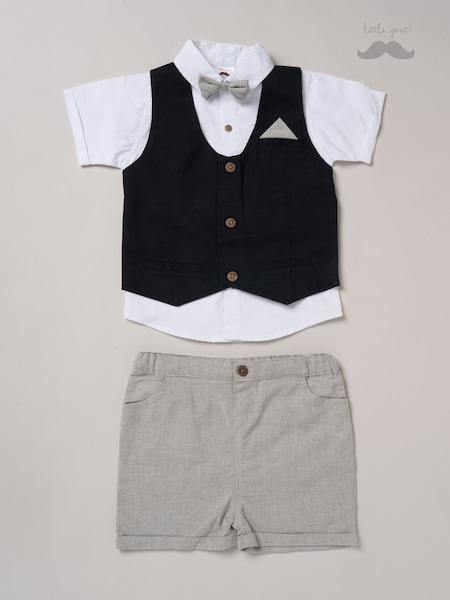 Little Gent 100% Cotton Brown Shirt with Mock Waistcoat Shorts and Bowtie Outfit Set (F85717) | £30