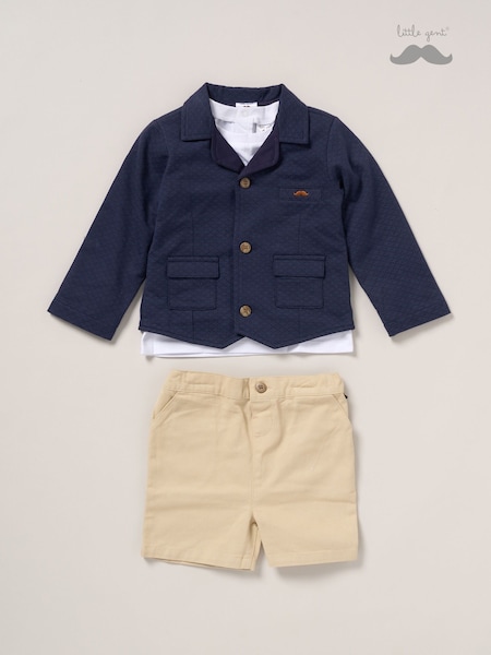 Little Gent Blue 100% Cotton T-Shirt Shorts and Jacket Outfit Set (F85733) | £32 - £35