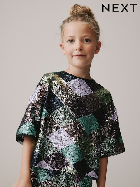 Purple Check Multi Check Sequin Short Sleeve Party Top (3-16yrs) (F85743) | £20 - £25