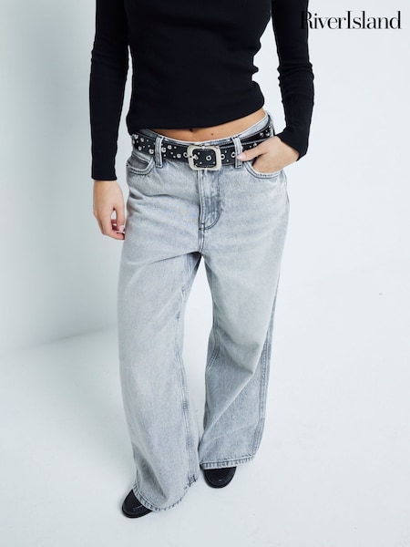 River Island Grey Petite Super 100% Cotton Wide Leg Jeans (F85796) | £58