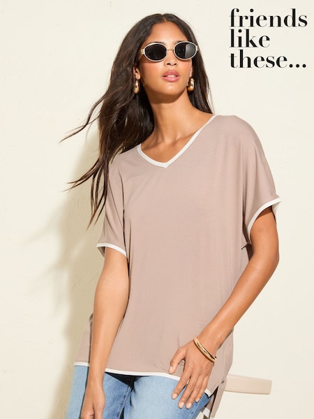 Friends Like These Mocha Short Sleeve V-Neck Tipped Tunic (F85810) | £0