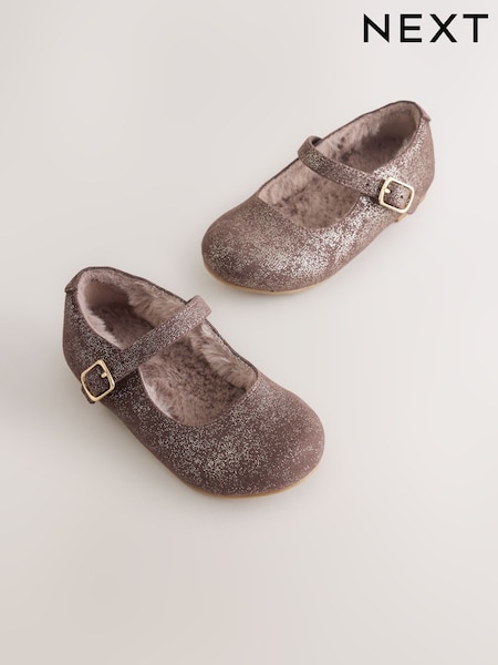 Chocolate Brown Shimmer Faux Fur Lined Mary Jane Shoes (F85921) | £22 - £24