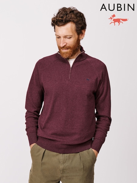 Aubin Red Bonby Zip Neck 100% Cotton Jumper (F86082) | £79