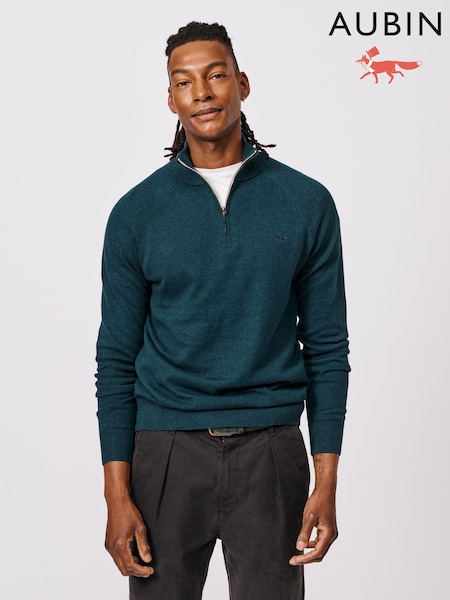 Aubin Green Bonby Zip Neck 100% Cotton Jumper (F86085) | £79