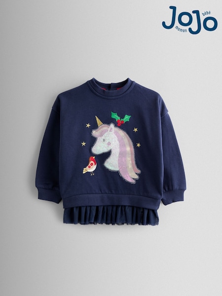 JoJo Maman Bébé Navy Blue Unicorn Appliqué Tulle Frill Sweatshirt (F86091) | £25 - £28
