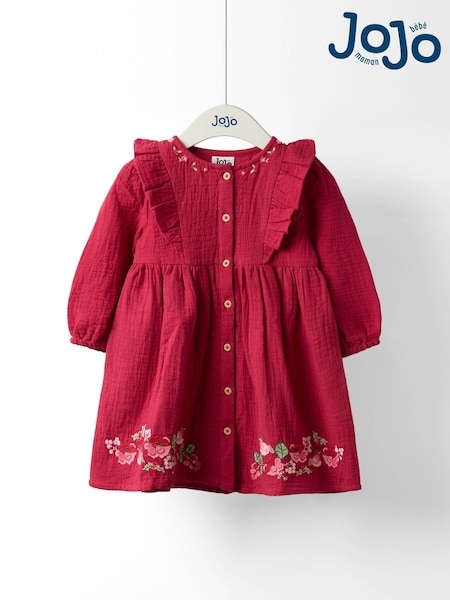 JoJo Maman Bébé Burgundy Robin Floral Frill Sleeve Button Through Dress (F86114) | £27 - £30