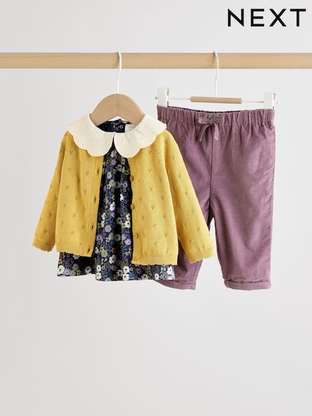 Yellow/ Navy Ditsy/ Purple Knitted Cardigan, Long Sleeve Top and Cord Trouses Baby 3 Piece Set (0mths-2yrs) (F86151) | £34 - £36